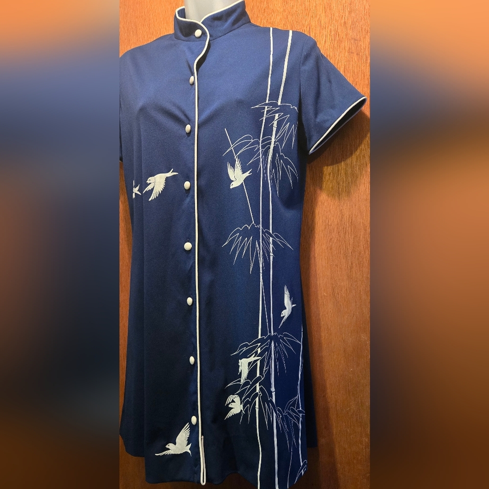 Shaheen Vintage mandarin Blue Dress w/ Bird &Bamboo szS - Picture 8 of 9